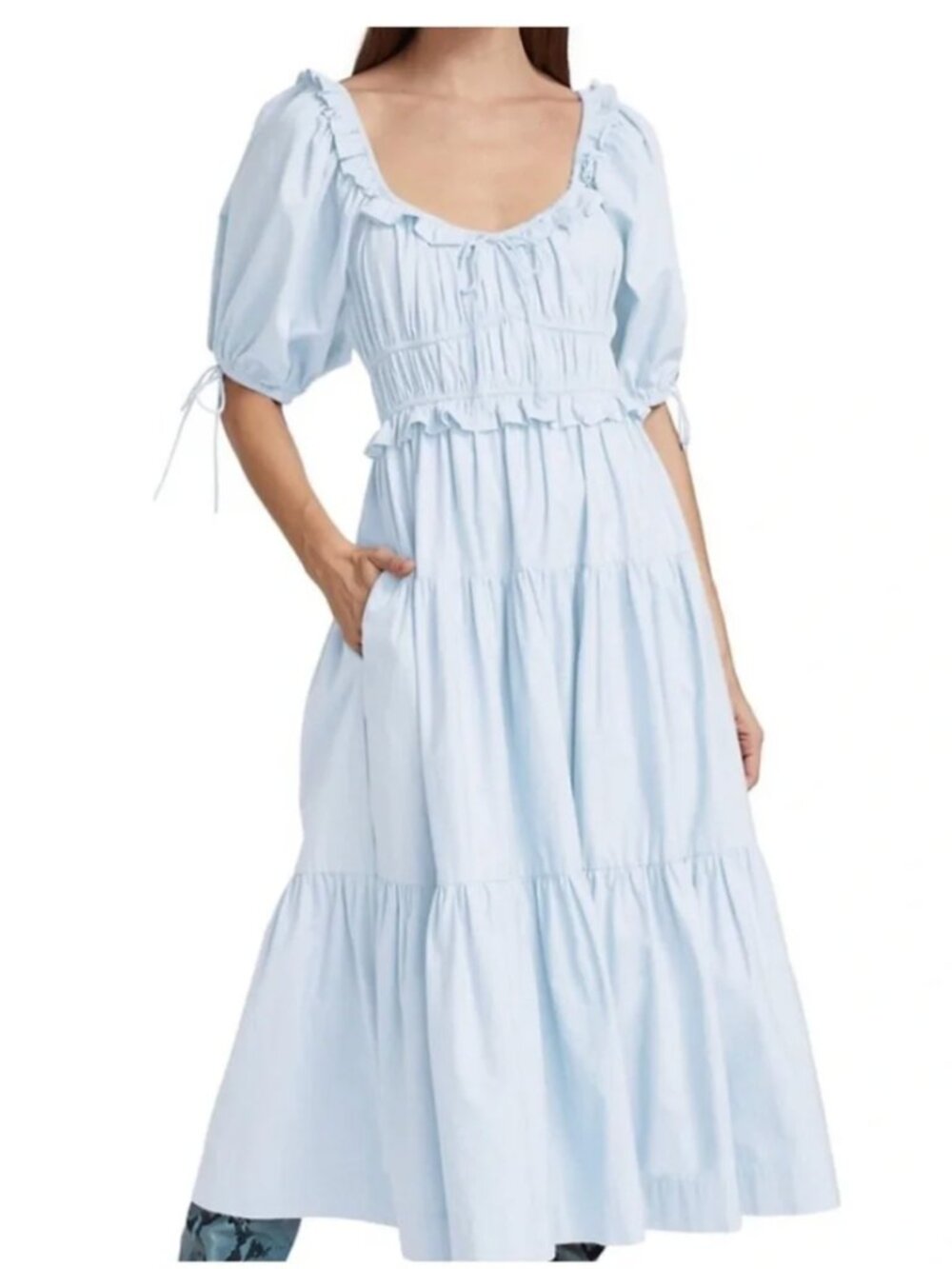 En Saison Light Blue Tiered Puff-Sleeve Midi Dress